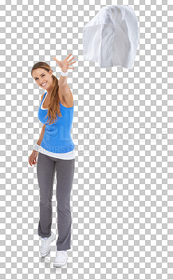 Buy stock photo Exercise, fitness and woman throw towel with smile for workout or healthy lifestyle. Happy, playful and female person with sweat cloth for training motivation isolated on transparent, png background