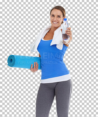 Buy stock photo Water bottle, yoga and woman in portrait for fitness, exercise and workout nutrition, healthy diet and offer. Liquid product, giving and person, gym or pilates isolated on transparent png background