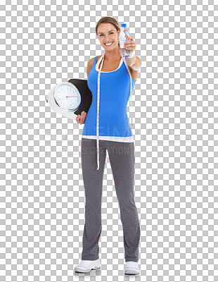Buy stock photo Portrait, woman and measuring tape or scale in png or isolated and transparent background. Diet, female person and weightloss for wellness with happiness or water for fitness for healthy body.