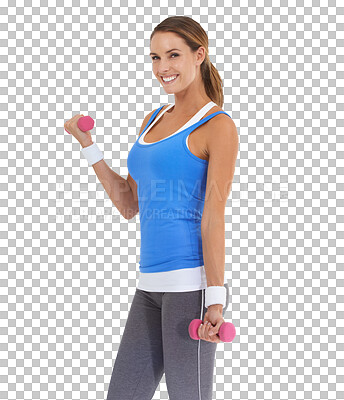 Buy stock photo Isolated woman, dumbbells and smile in portrait for fitness, self care or exercise by transparent png background. Girl, model and bodybuilder with weightlifting, training or workout for muscle growth