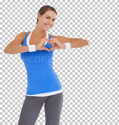 Buy stock photo Fitness, exercise and woman with heart shape and smile for cardiovascular health. Happy portrait of female person with hand sign or love emoji for wellness isolated on a transparent, png background