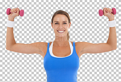Buy stock photo Fitness, exercise and portrait of a happy woman with dumbbells for strong muscle and power. Healthy female person with weights in hands for training workout isolated on a transparent, png background