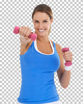 Buy stock photo Portrait, smile and woman with dumbbells for fitness isolated on a transparent png background. Face, power and female person weightlifting for sports exercise, training or workout for strong muscle.