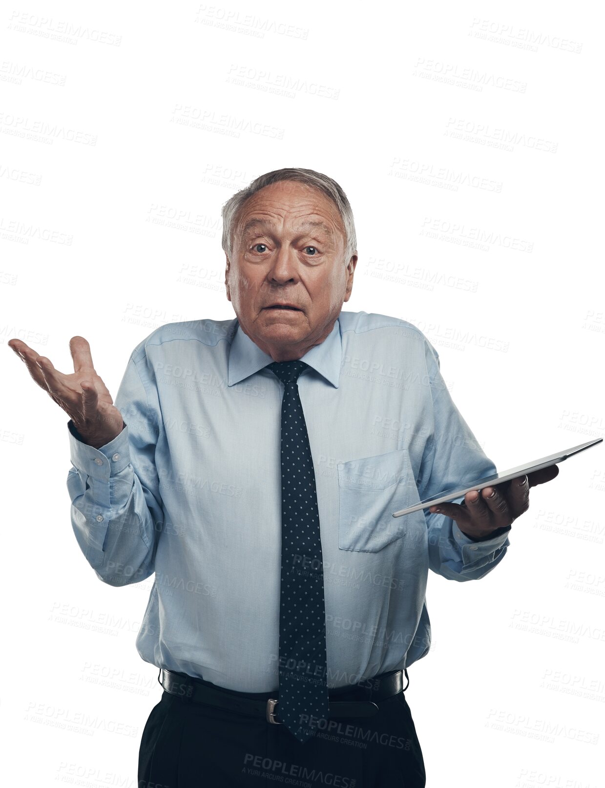 Buy stock photo Unsure, shrug and portrait of a senior man with doubt, uncertainty or confused expression. Upset, mad and elderly male person with a dont know gesture isolated by a transparent png background.