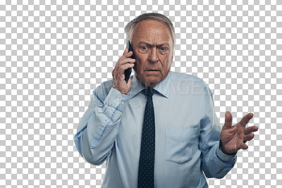 Buy stock photo Frustrated senior, business man and phone call with stress, panic or confused by communication. Professional executive person with smartphone for crisis problem isolated on transparent png background