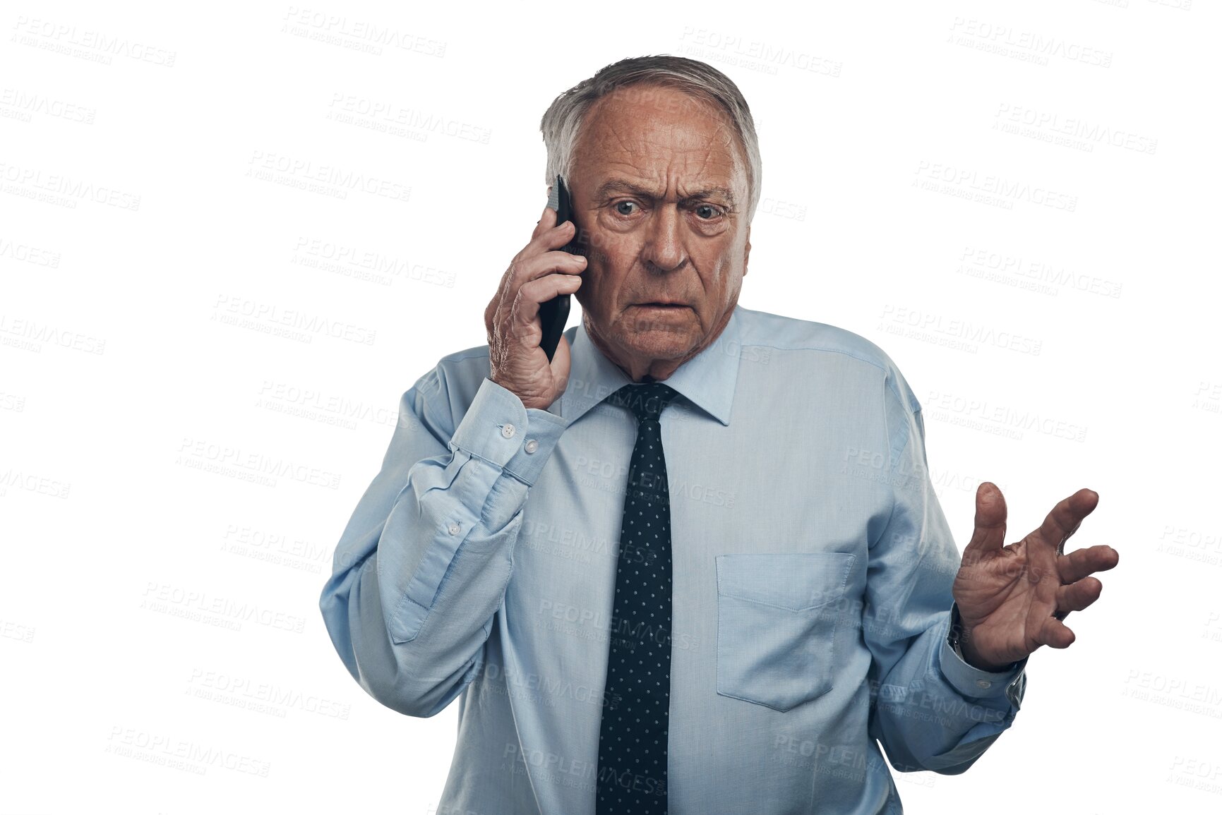 Buy stock photo Frustrated senior, business man and phone call with stress, panic or confused by communication. Professional executive person with smartphone for crisis problem isolated on transparent png background