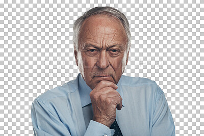 Buy stock photo Thinking, senior and portrait of business man on transparent background for manager, angry and idea. Worry, professional and doubt with face of ceo isolated on png for doubt, confused and serious