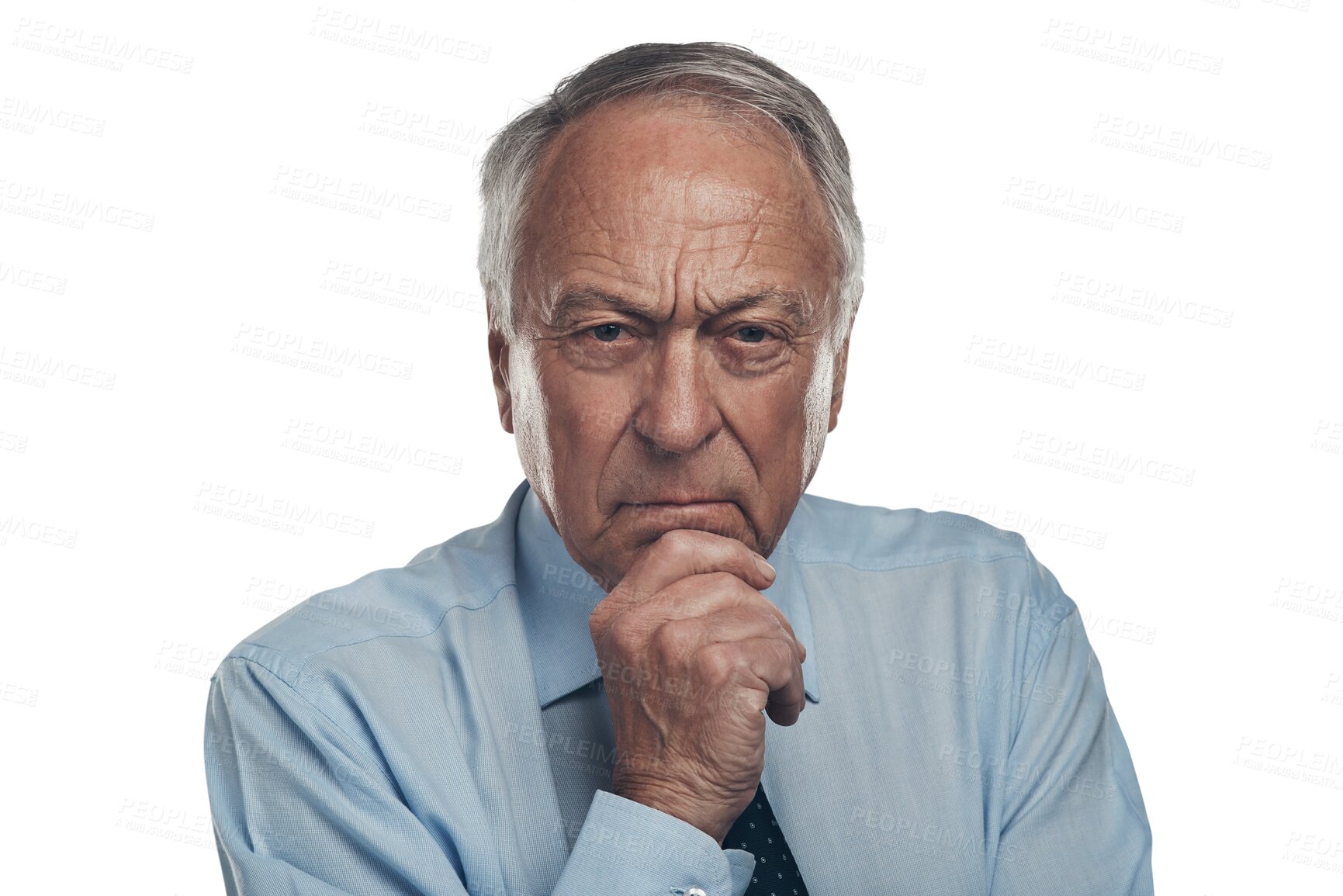 Buy stock photo Thinking, senior and portrait of business man on transparent background for manager, angry and idea. Worry, professional and doubt with face of ceo isolated on png for doubt, confused and serious