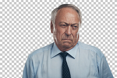 Buy stock photo Annoyed, mature man angry and Denmark ceo isolated against a transparent png background. Frustrated or irritated, retirement or serious and senior male person with upset or worry facial expression 