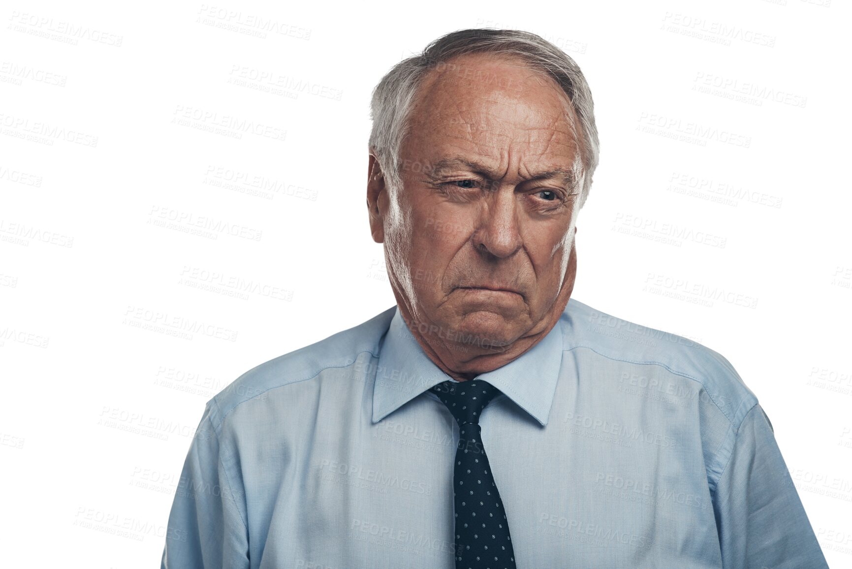 Buy stock photo Annoyed, mature man angry and Denmark ceo isolated against a transparent png background. Frustrated or irritated, retirement or serious and senior male person with upset or worry facial expression 