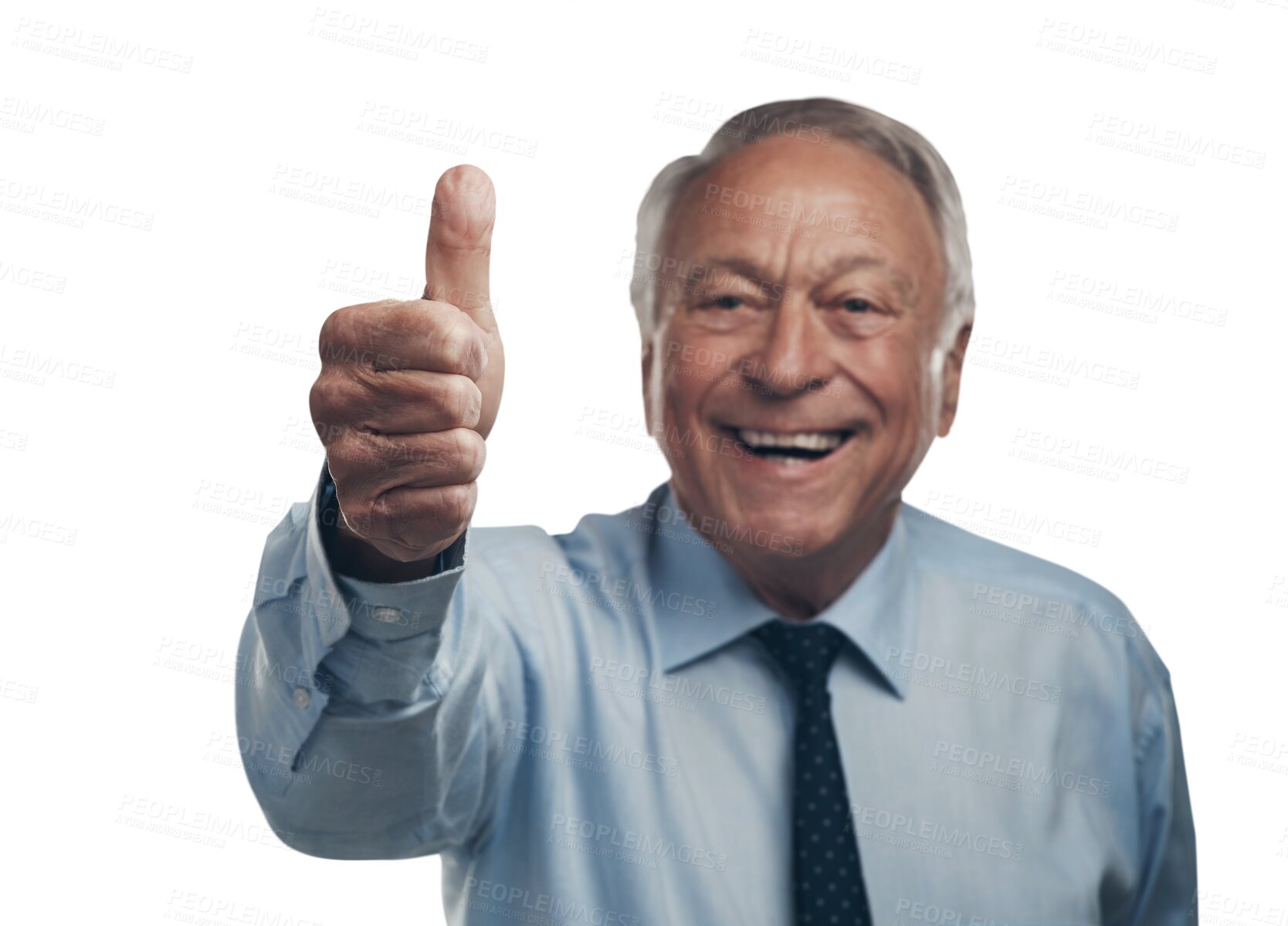 Buy stock photo Thank you, portrait of a man with thumbs up and smile isolated against a transparent png background for success. Congratulations, motivation or agreement of winner, senior male person or hand gesture