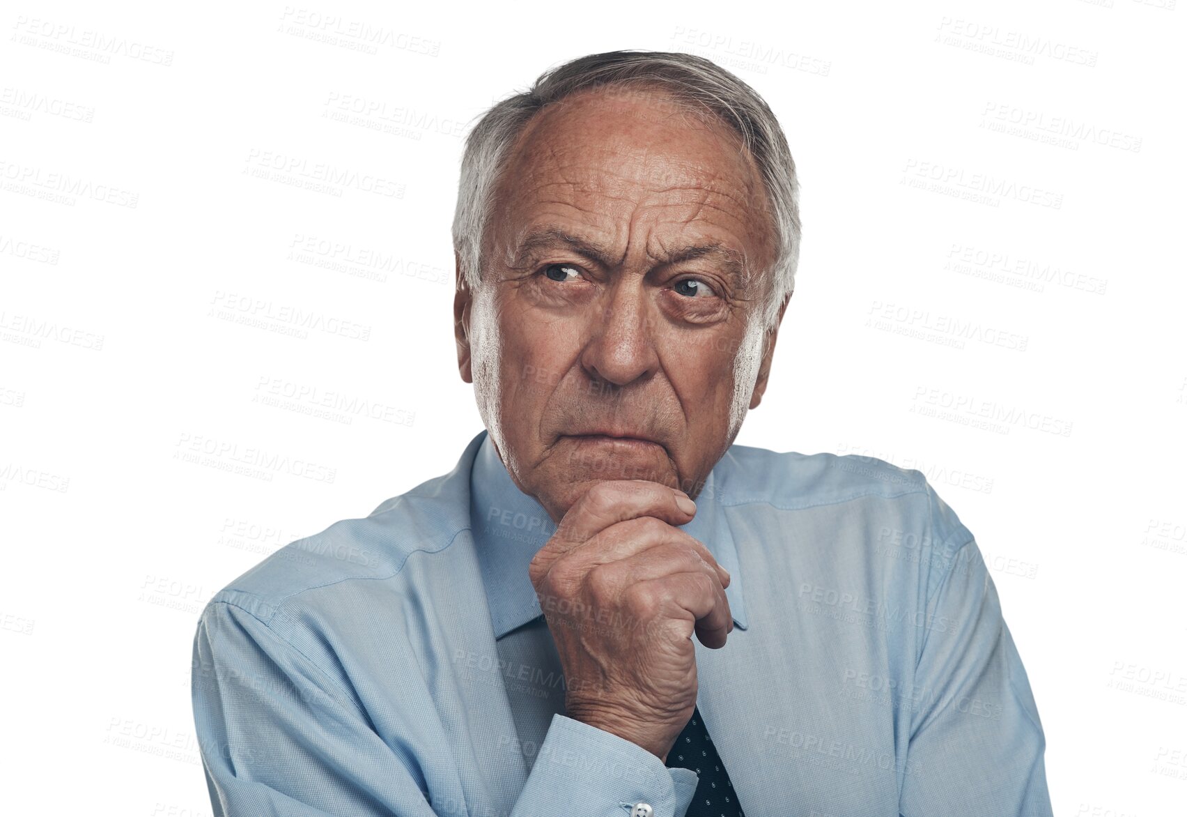 Buy stock photo Thinking, idea and senior businessman with solution, planning or brainstorming facial expression. Memory, question and elderly male person with decision face isolated by a transparent png background.