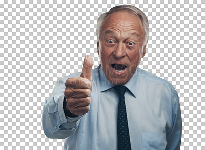 Buy stock photo Isolated senior businessman, thumbs up and excited with hand sign, emoji and transparent png background. Elderly business man, ceo and icon of symbol, vote for yes and agreement of review for success