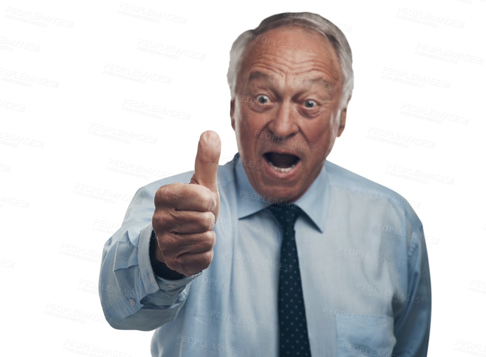 Buy stock photo Isolated senior businessman, thumbs up and excited with hand sign, emoji and transparent png background. Elderly business man, ceo and icon of symbol, vote for yes and agreement of review for success