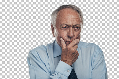 Buy stock photo Planning, thinking and elderly businessman with an idea, solution or brainstorming facial expression. Memory, question and senior male person with decision face isolated by transparent png background