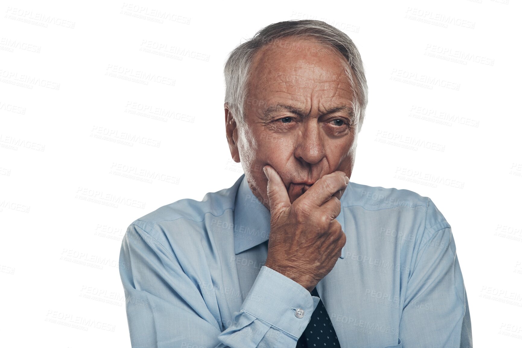 Buy stock photo Planning, thinking and elderly businessman with an idea, solution or brainstorming facial expression. Memory, question and senior male person with decision face isolated by transparent png background