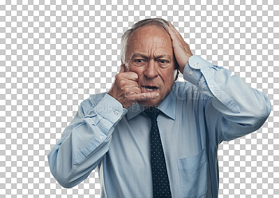 Buy stock photo Isolated senior businessman, phone call sign and stress with bad news, fail and transparent png background. Elderly business man, listen and anxiety for announcement, communication and cellphone icon