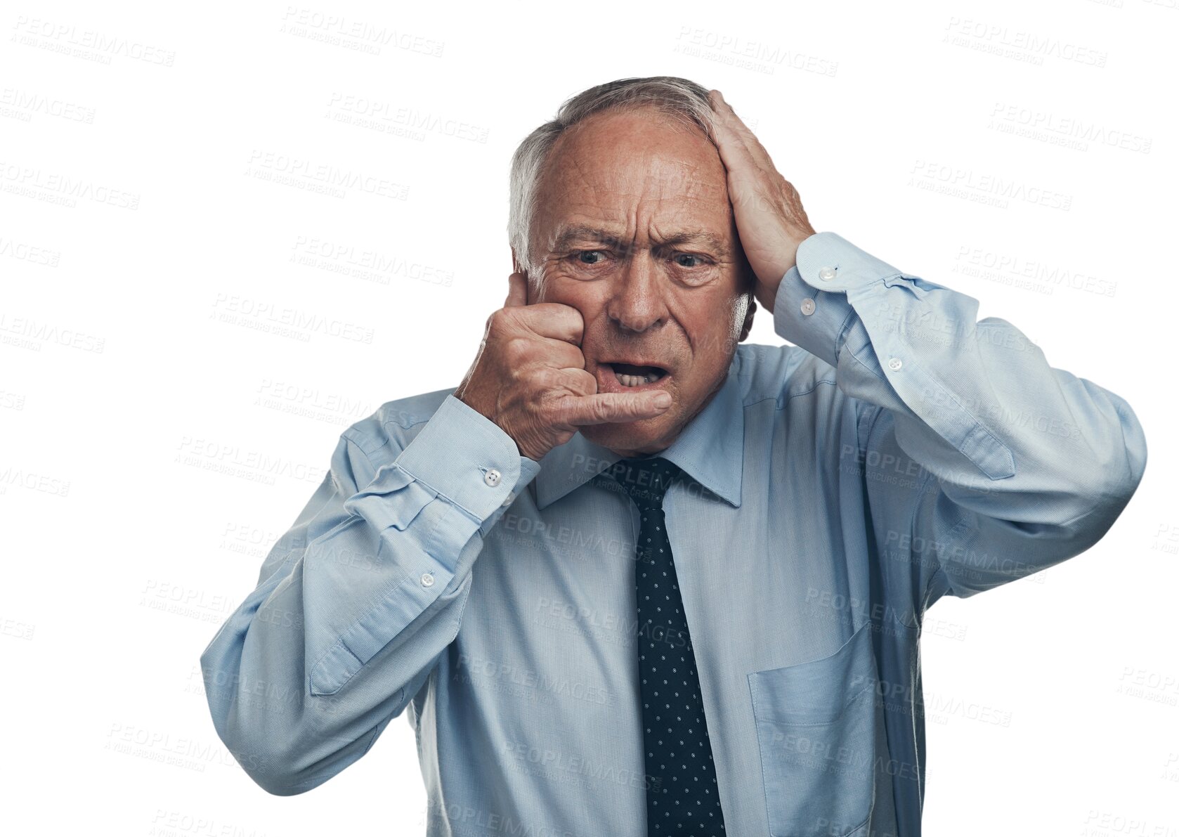 Buy stock photo Isolated senior businessman, phone call sign and stress with bad news, fail and transparent png background. Elderly business man, listen and anxiety for announcement, communication and cellphone icon