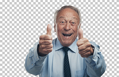 Buy stock photo Thank you, portrait of a man with thumbs up and smile isolated against a transparent png background for motivation. Congratulations, success or agreement and male person with hand emoji gesture