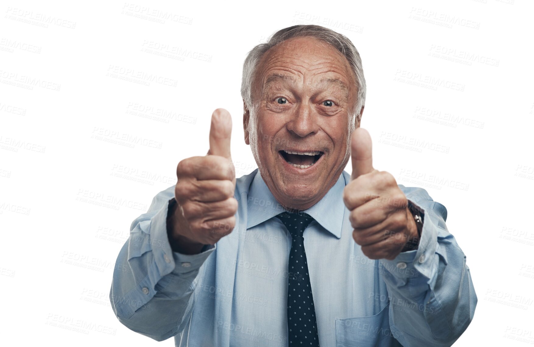 Buy stock photo Thank you, portrait of a man with thumbs up and smile isolated against a transparent png background for motivation. Congratulations, success or agreement and male person with hand emoji gesture