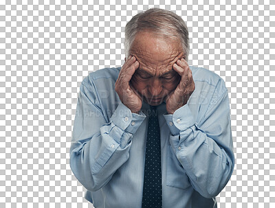 Buy stock photo Headache, stress and business man in pain, memory problem and anxiety for debt or investment mistake. Fatigue, tired and frustrated CEO or person for bankruptcy isolated on transparent png background