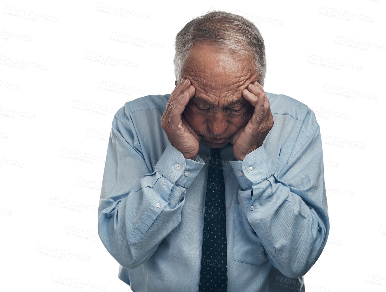 Buy stock photo Headache, stress and business man in pain, memory problem and anxiety for debt or investment mistake. Fatigue, tired and frustrated CEO or person for bankruptcy isolated on transparent png background