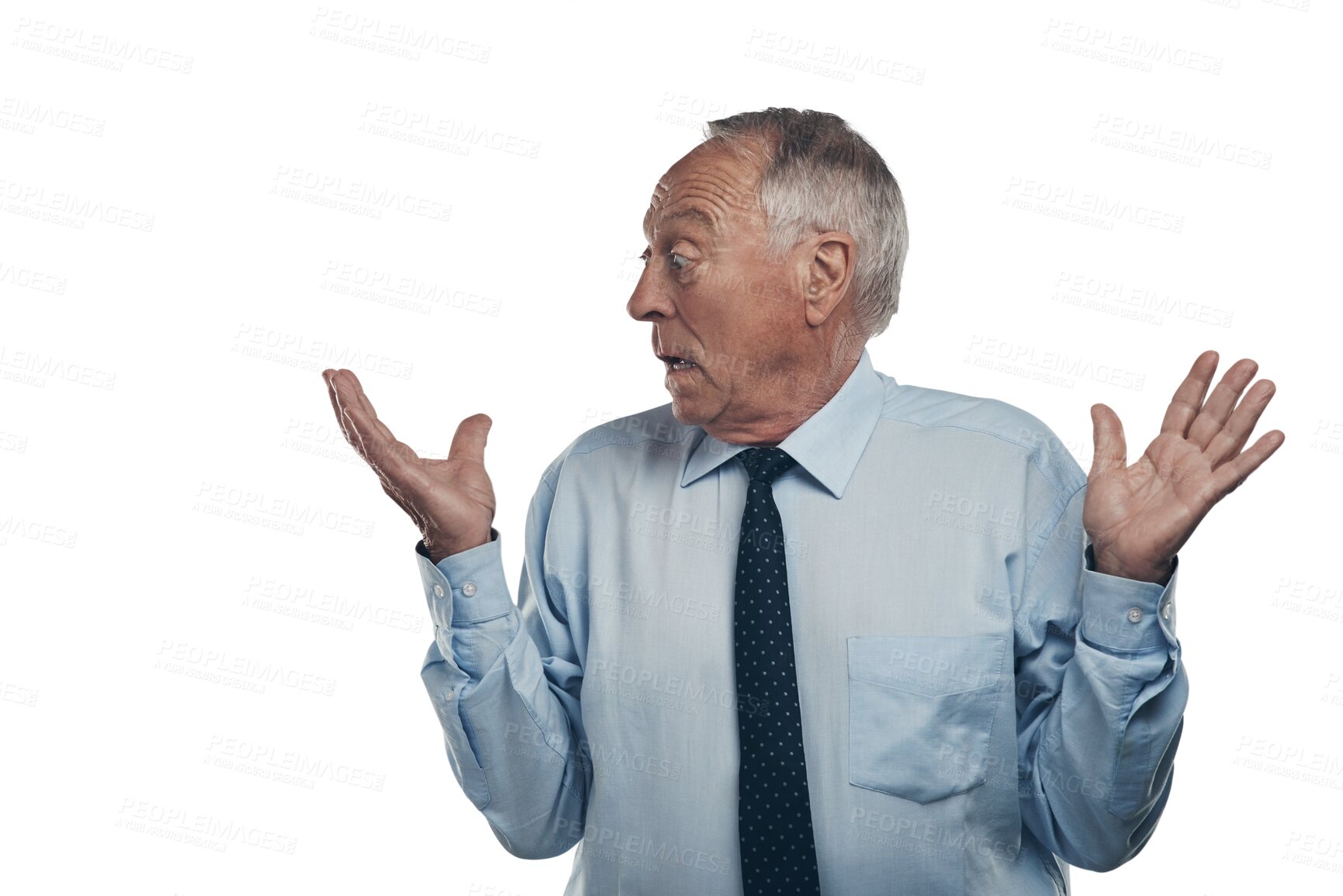 Buy stock photo Surprise, stress and business man confused, anxiety and problem with debt risk, job fail and crisis. Shocked, scared and why of CEO or senior person in disaster isolated on transparent png background