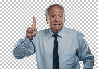 Buy stock photo Pointing, idea and portrait of business man on transparent background for manager, announcement and news. Senior, professional and corporate with face of ceo isolated on png for information and promo