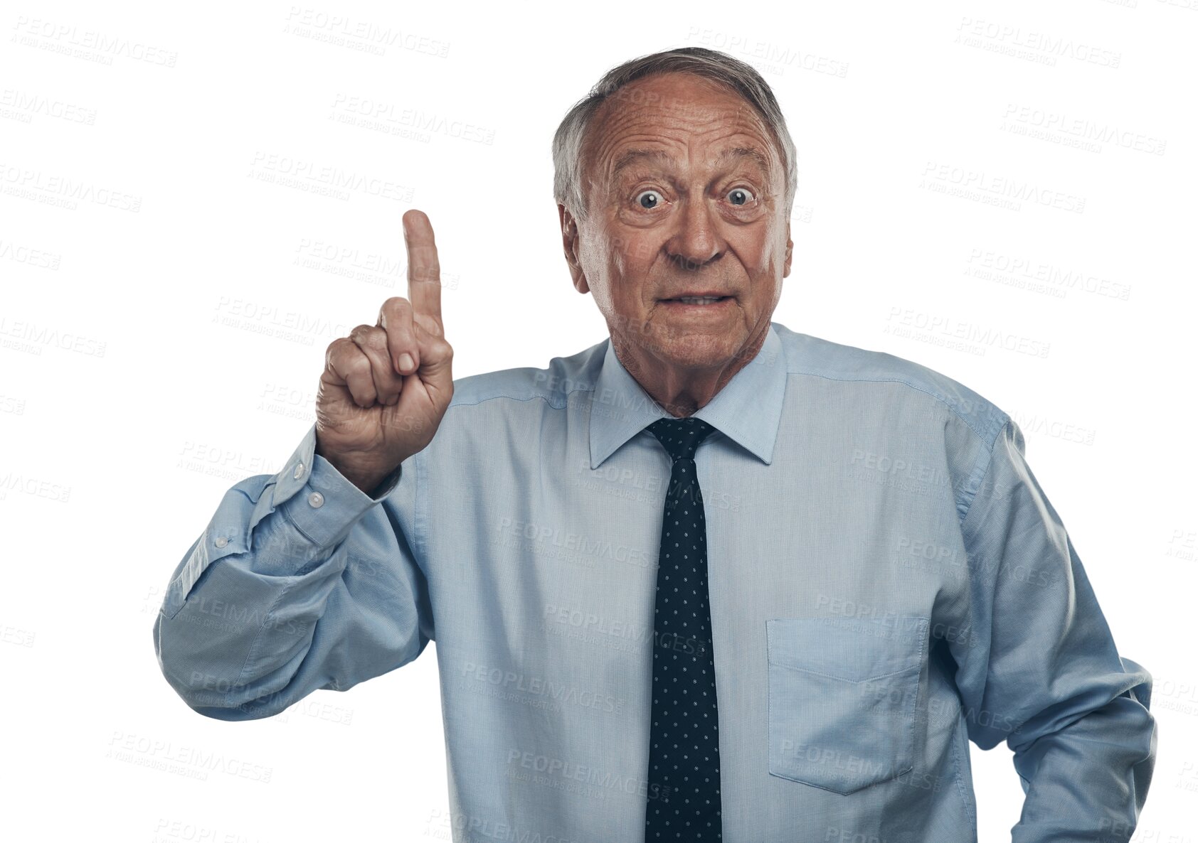 Buy stock photo Pointing, idea and portrait of business man on transparent background for manager, announcement and news. Senior, professional and corporate with face of ceo isolated on png for information and promo