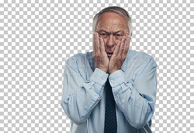 Buy stock photo Portrait, stress and business man worry, problem and anxiety for debt risk, job fail and mistake. Shocked, surprise CEO or senior person for bankruptcy disaster isolated on transparent png background