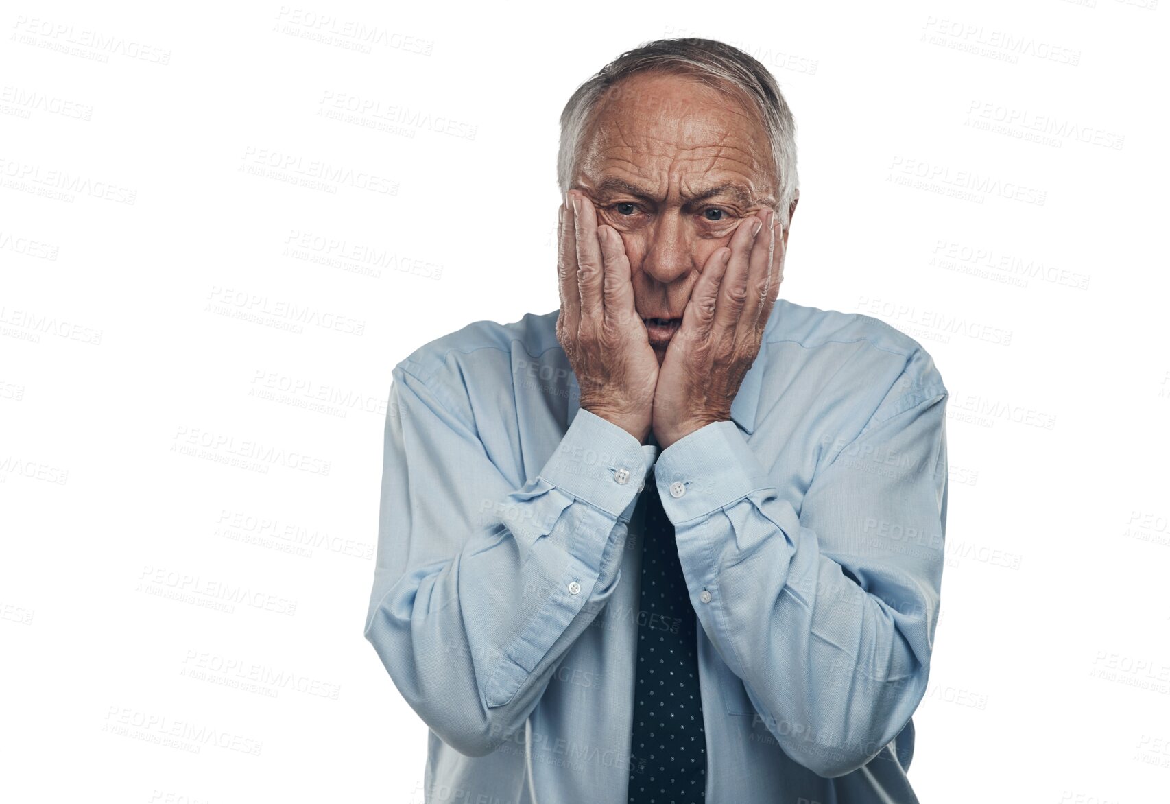 Buy stock photo Portrait, stress and business man worry, problem and anxiety for debt risk, job fail and mistake. Shocked, surprise CEO or senior person for bankruptcy disaster isolated on transparent png background