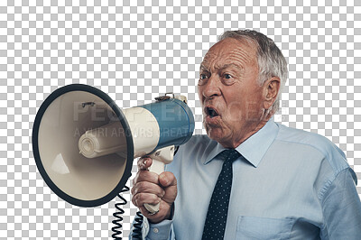 Buy stock photo Isolated senior businessman, bullhorn or shout for opinion, vote and promo by transparent png background. Angry business man, megaphone and presentation with voice, noise or speech for announcement