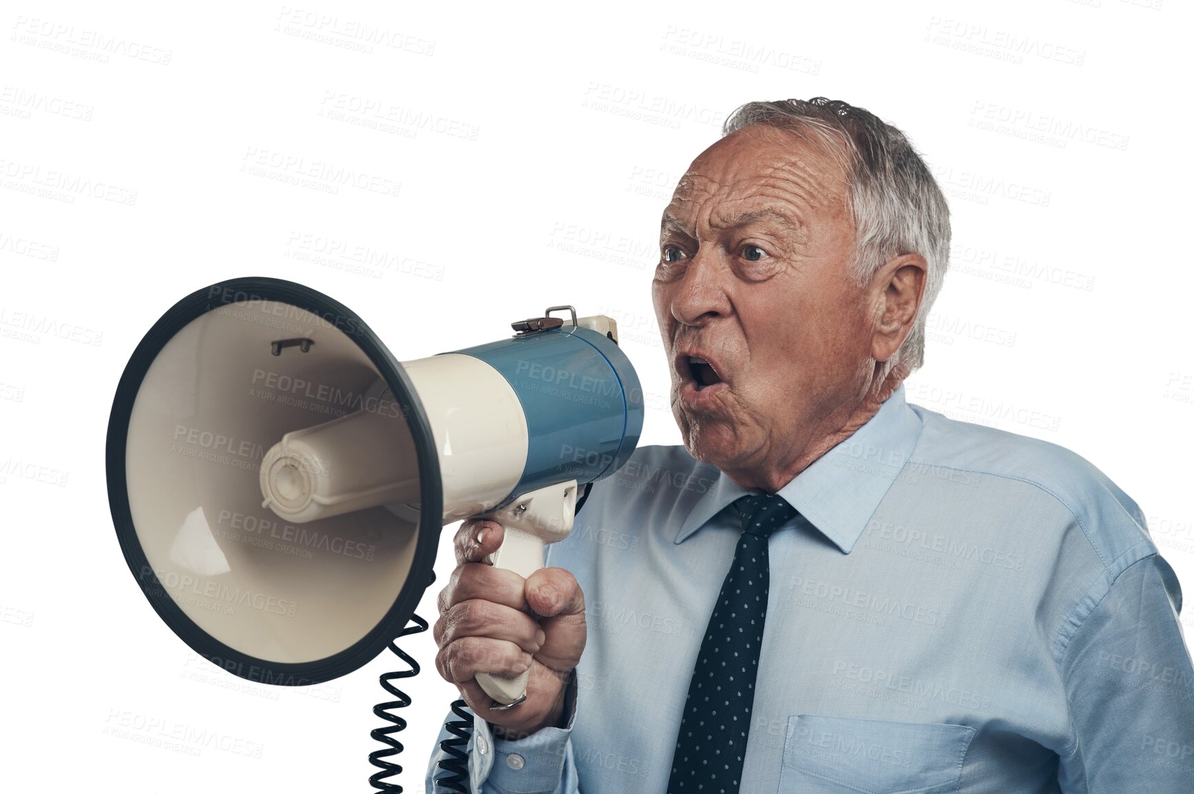 Buy stock photo Isolated senior businessman, bullhorn or shout for opinion, vote and promo by transparent png background. Angry business man, megaphone and presentation with voice, noise or speech for announcement