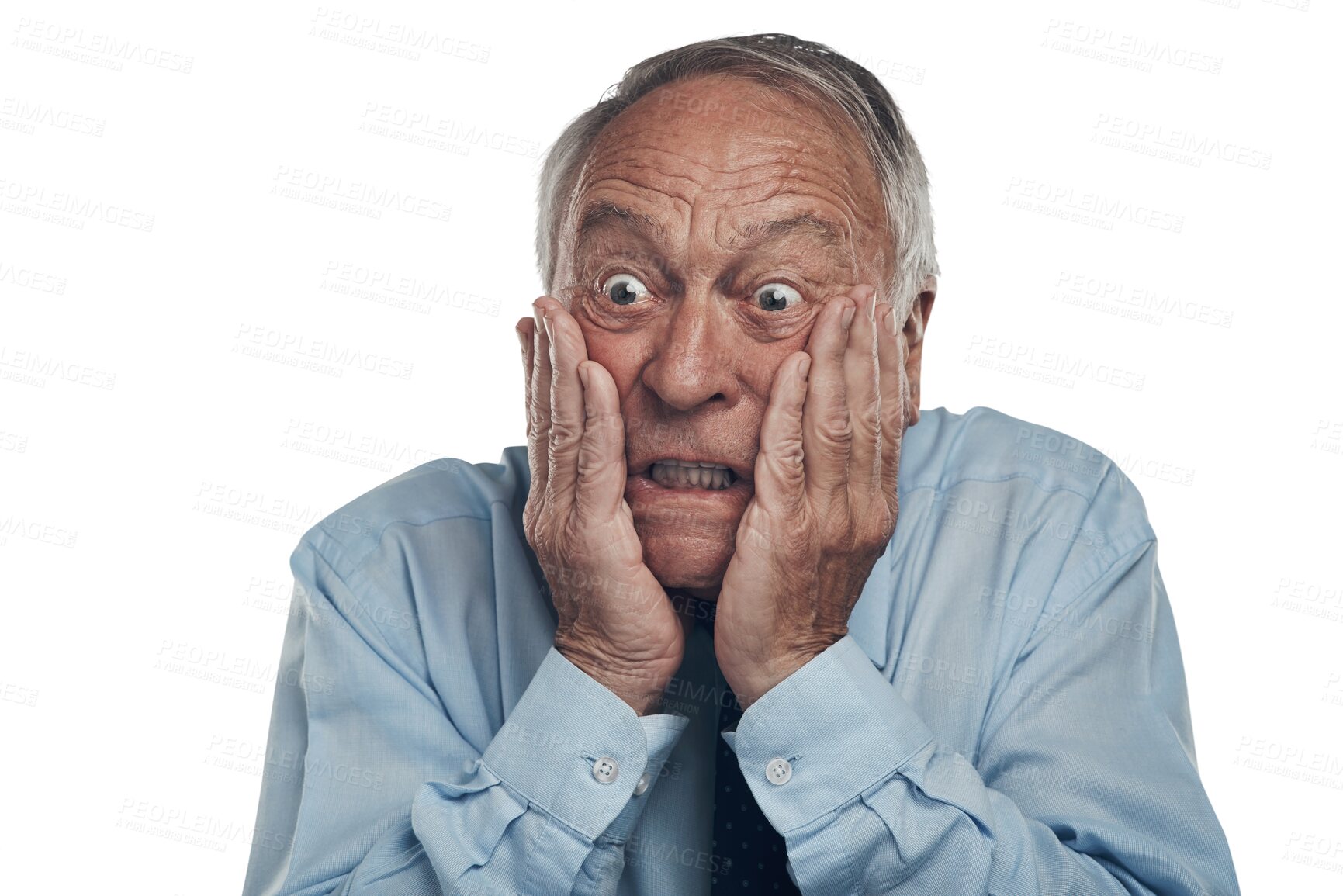 Buy stock photo Scared, shocked and senior man with stress, afraid and guy isolated on a transparent background. Mature male person, anxiety and model with surprise, mental health and announcement with png and fear