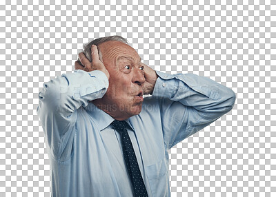 Buy stock photo Shock, stress and fear with business man on transparent background for surprised, noise and frustrated. Scared, crazy and mental health with senior employee isolated on png for anxiety and anger