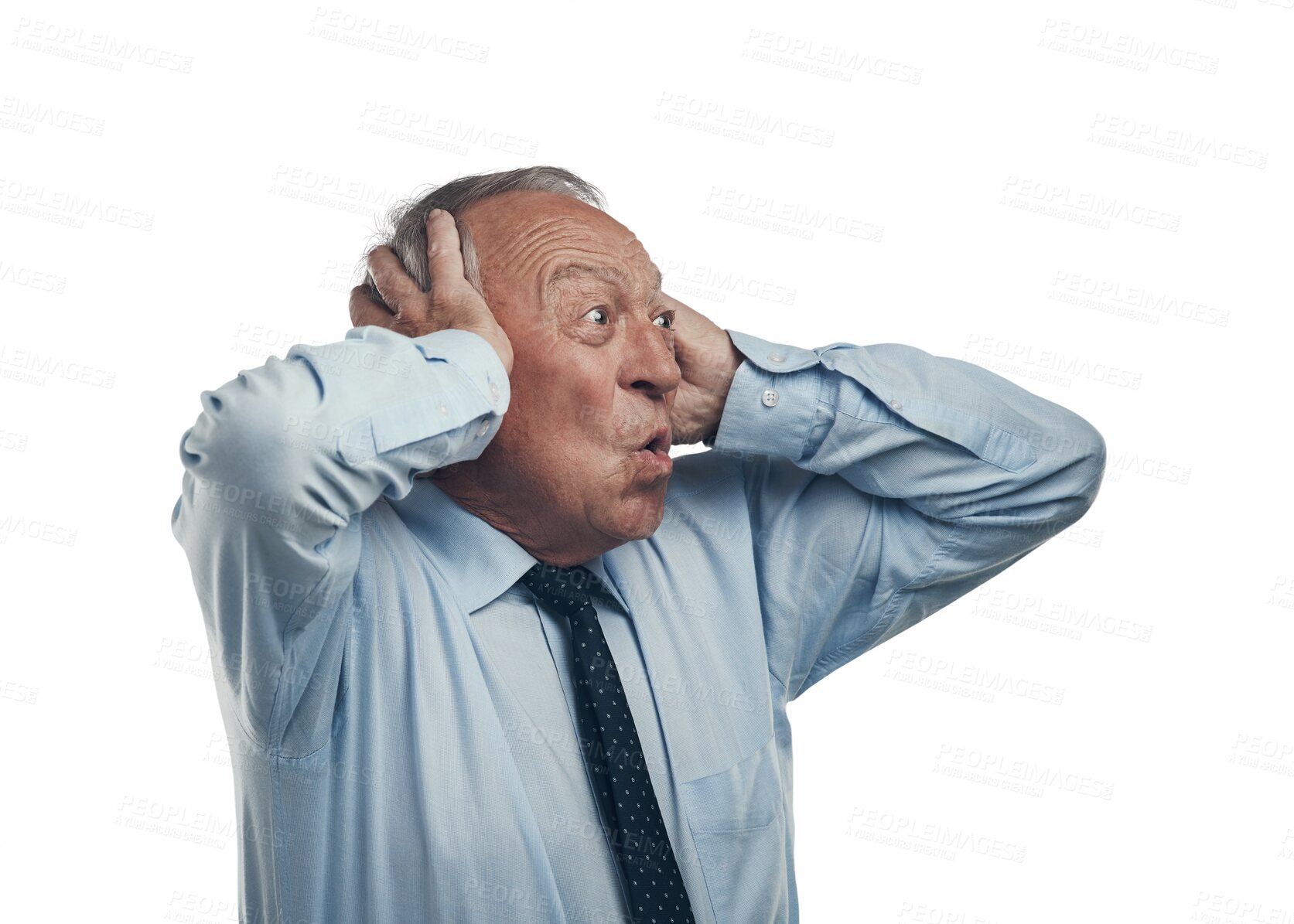 Buy stock photo Shock, stress and fear with business man on transparent background for surprised, noise and frustrated. Scared, crazy and mental health with senior employee isolated on png for anxiety and anger