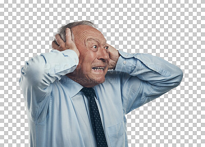 Buy stock photo Shock, crazy and fear with business man on transparent background for surprised, noise and frustrated. Scared, stress and mental health with senior employee isolated on png for anxiety and anger