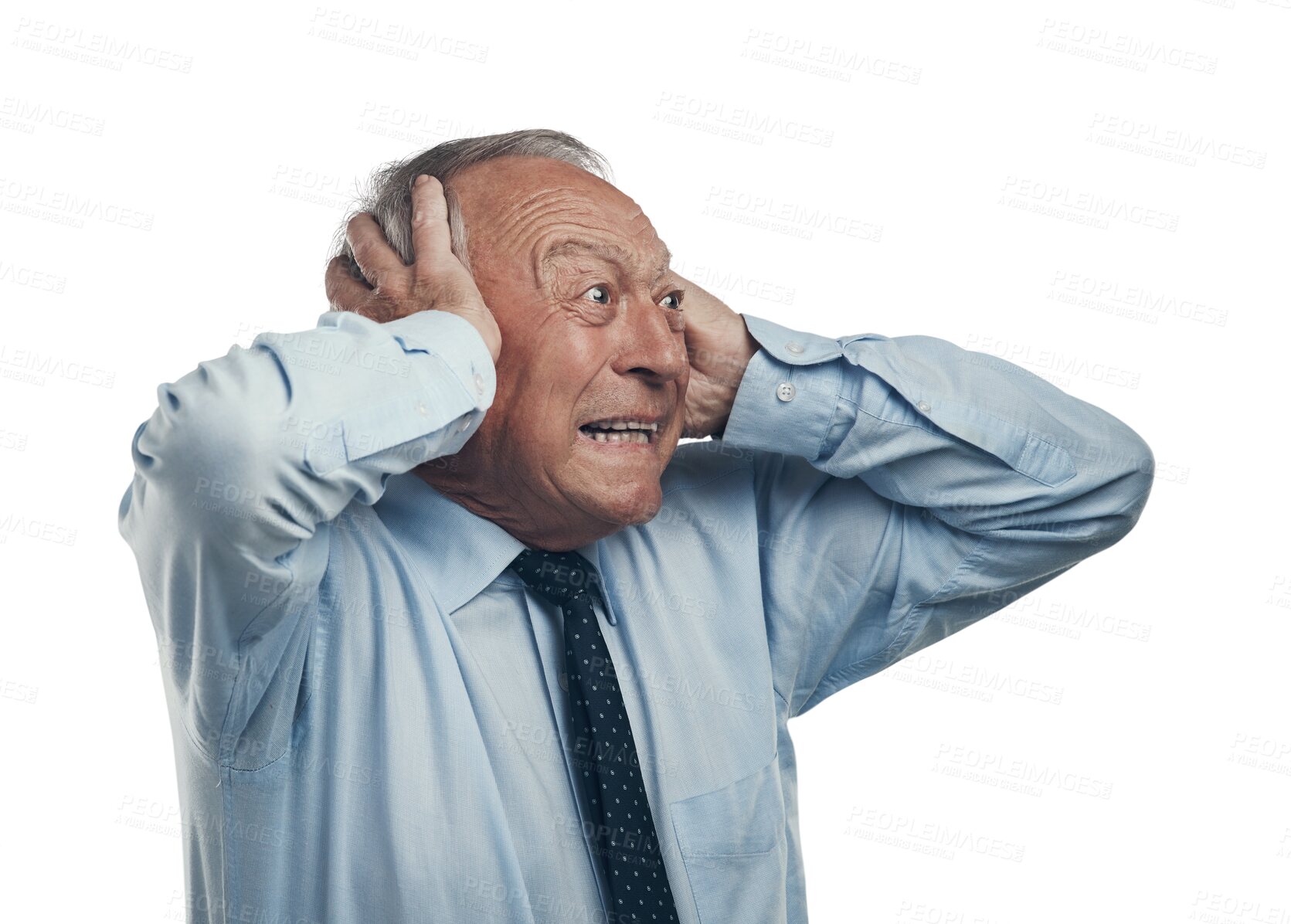 Buy stock photo Shock, crazy and fear with business man on transparent background for surprised, noise and frustrated. Scared, stress and mental health with senior employee isolated on png for anxiety and anger