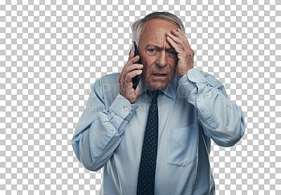 Buy stock photo Business man, senior and phone call with stress, panic or frustrated by communication. Professional executive person on smartphone for financial crisis problem isolated on transparent png background