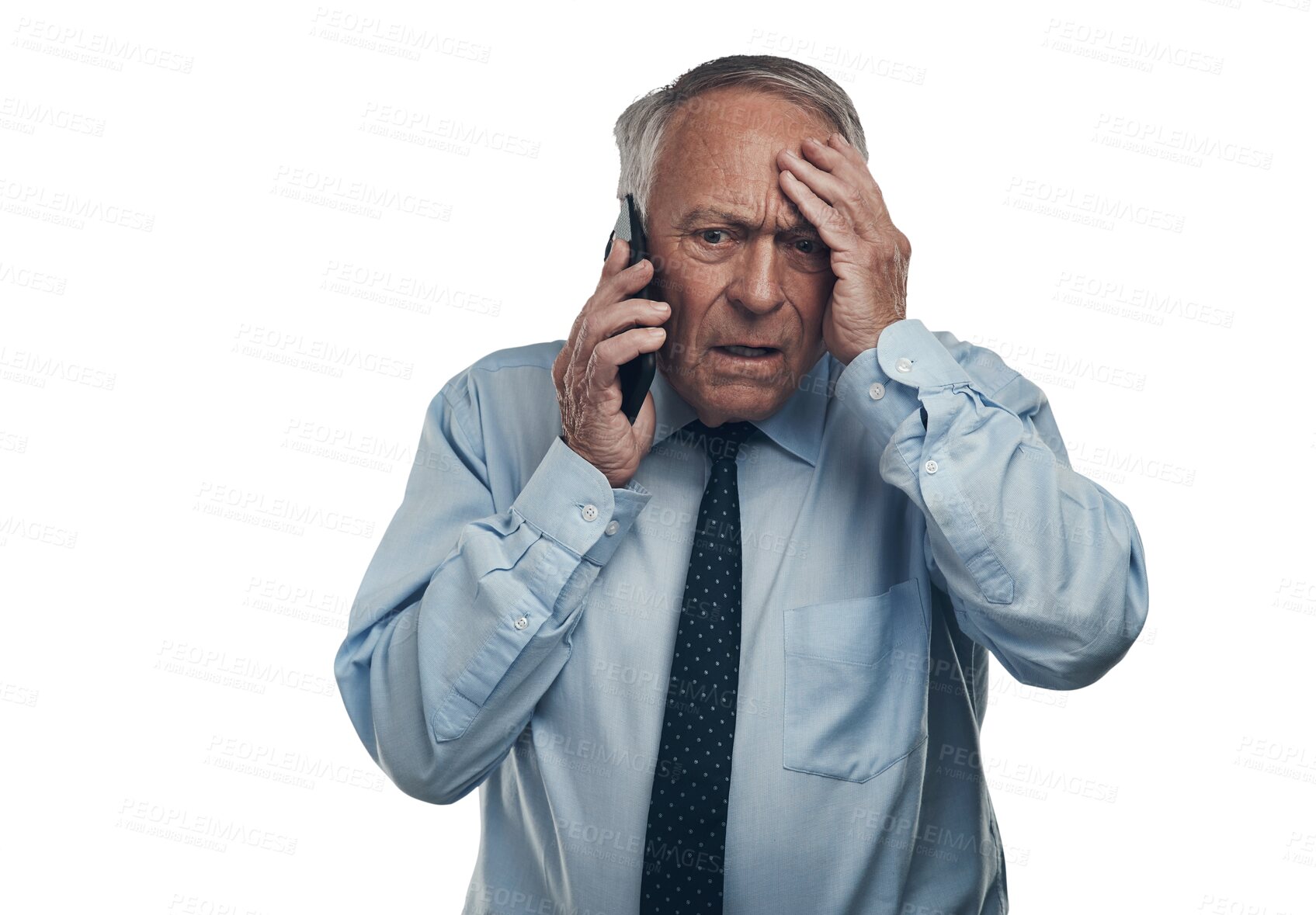 Buy stock photo Business man, senior and phone call with stress, panic or frustrated by communication. Professional executive person on smartphone for financial crisis problem isolated on transparent png background