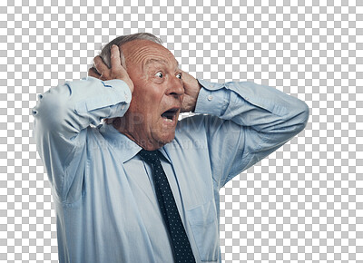 Buy stock photo Stress, crazy and fear with business man on transparent background for surprised, noise and frustrated. Scared, shock and mental health with senior employee isolated on png for anxiety and anger