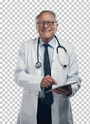 Buy stock photo Digital tablet, portrait and mature male doctor doing research for a medical diagnosis. Happy, smile and senior man healthcare worker with device technology isolated by a transparent png background.