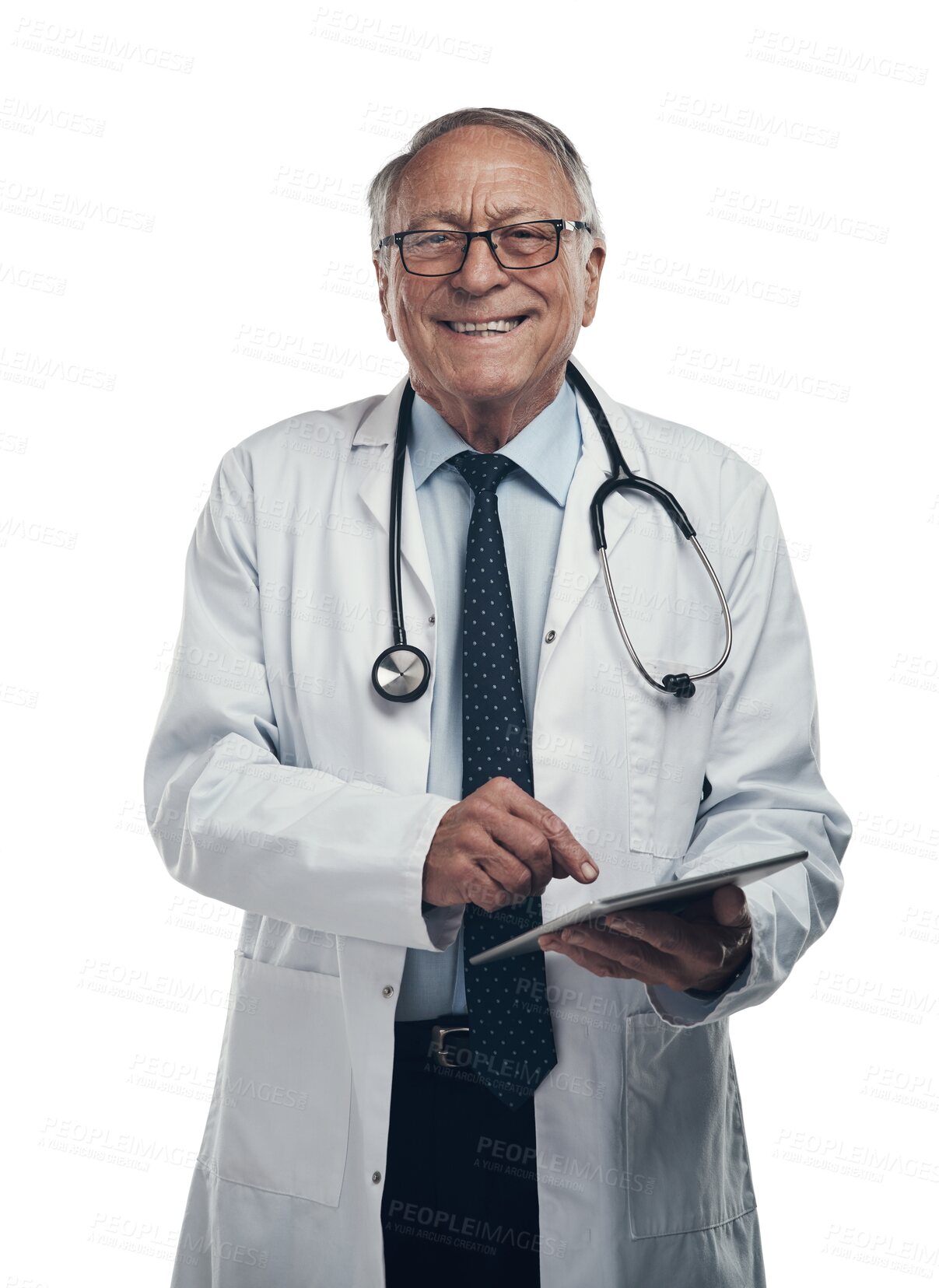 Buy stock photo Digital tablet, portrait and mature male doctor doing research for a medical diagnosis. Happy, smile and senior man healthcare worker with device technology isolated by a transparent png background.