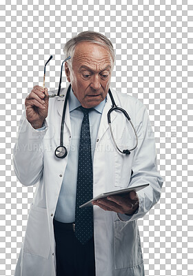 Buy stock photo Shocked, senior man and doctor with stress, tablet and employee isolated on a transparent background. Mature male person, medical professional and pensioner with technology, bad news and results