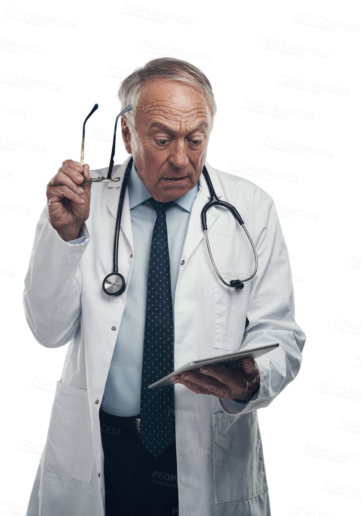 Buy stock photo Shocked, senior man and doctor with stress, tablet and employee isolated on a transparent background. Mature male person, medical professional and pensioner with technology, bad news and results