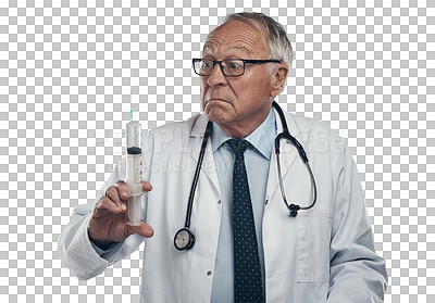 Buy stock photo Needle, vaccine and doctor or man isolated on transparent png background with confused, sad or serious face. Syringe, stress and medicine with funny man or senior healthcare professional for virus