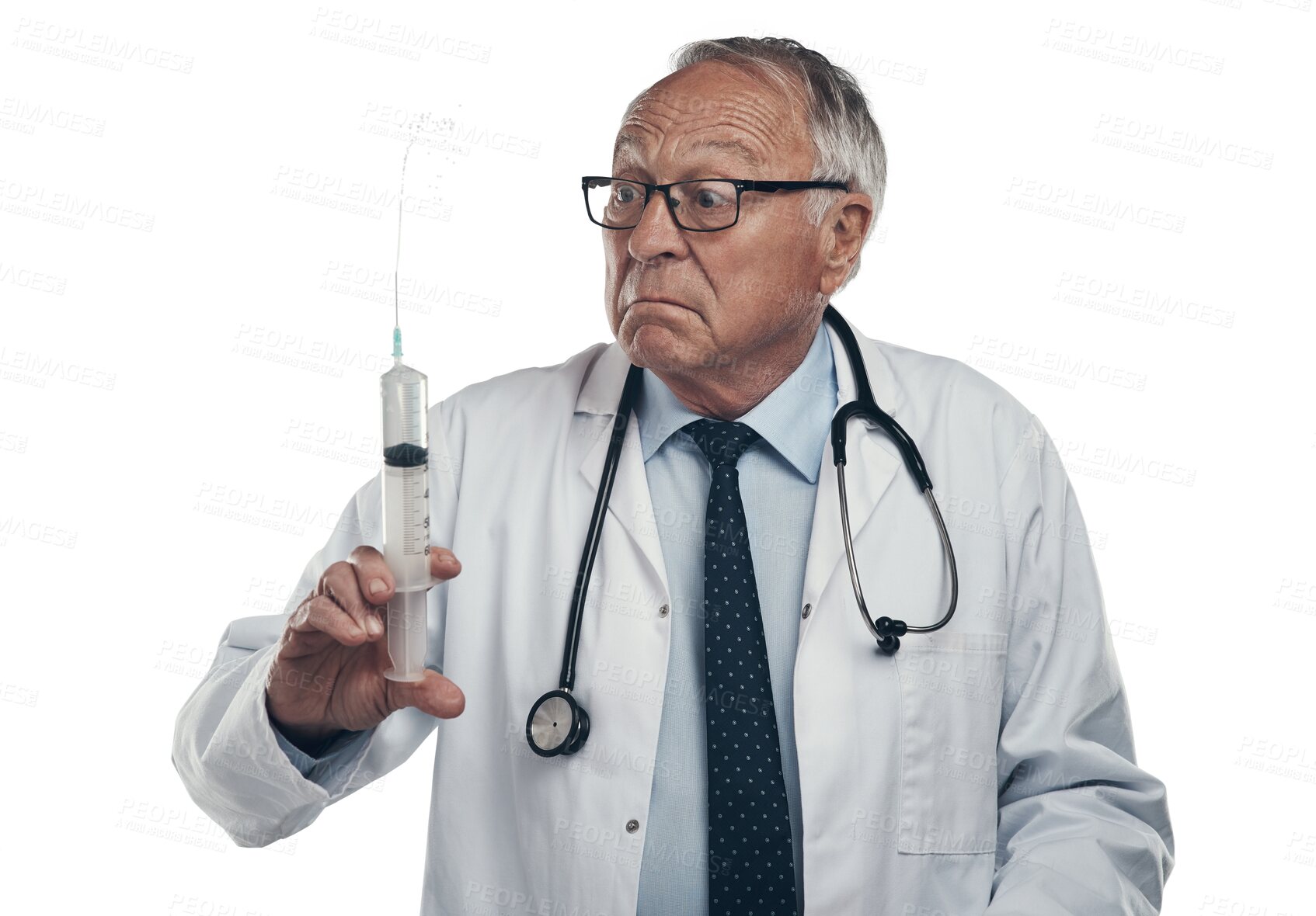 Buy stock photo Needle, vaccine and doctor or man isolated on transparent png background with confused, sad or serious face. Syringe, stress and medicine with funny man or senior healthcare professional for virus