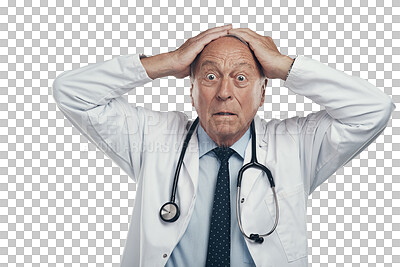 Buy stock photo Portrait, doctor mistake and stress isolated against a transparent png background. Surprise or shocked, panic attack or stressed and mature male surgeon with wow facial expression for anxiety