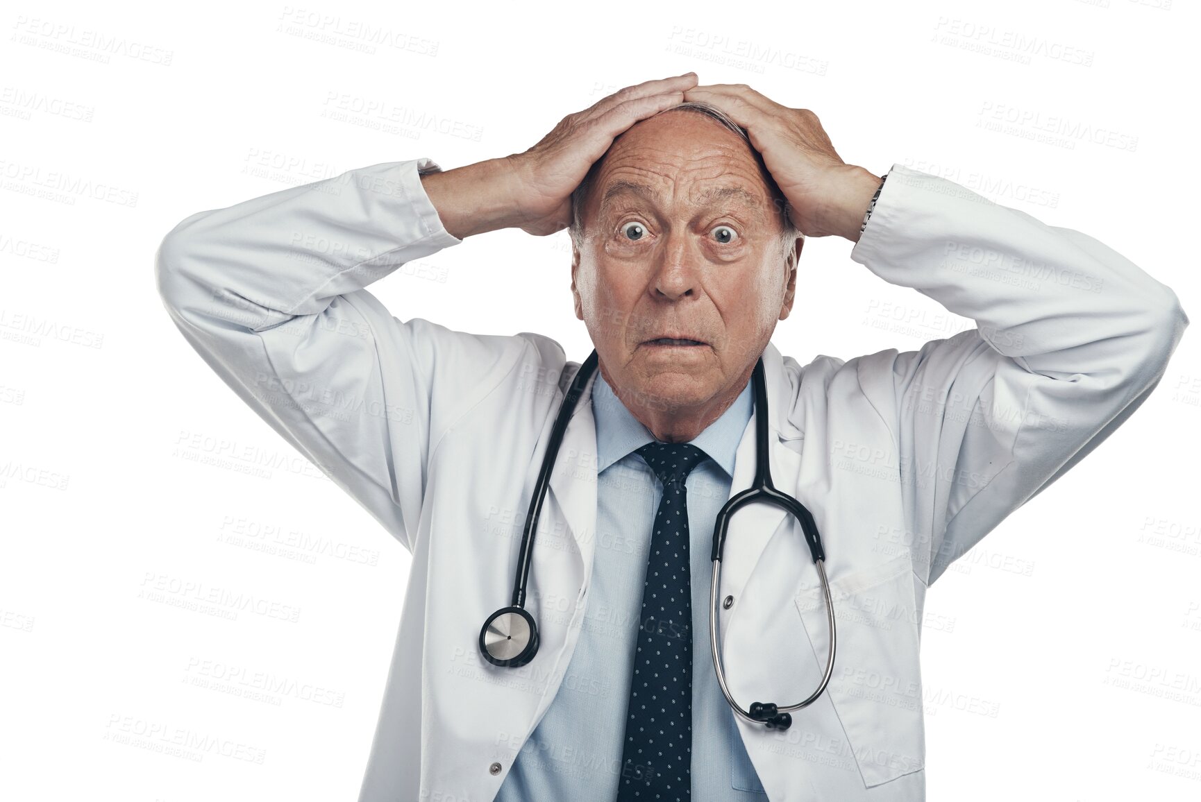 Buy stock photo Portrait, doctor mistake and stress isolated against a transparent png background. Surprise or shocked, panic attack or stressed and mature male surgeon with wow facial expression for anxiety