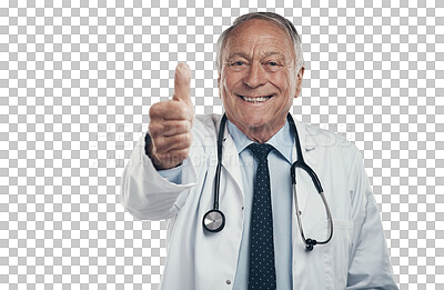 Buy stock photo Success portrait, thumbs up and doctor for healthcare support, thank you or excellence in clinic services. Happy, medical and senior man like, yes and okay hand isolated on transparent png background